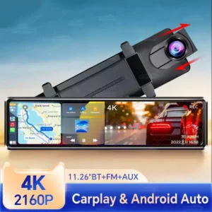Dashcam Rétroviseur 2CH model K4, 12 pouces, 4K, CarPlay sans fil et Android Auto, AUX, FM, navigation GPS, AI Voice Control, Dash Cam